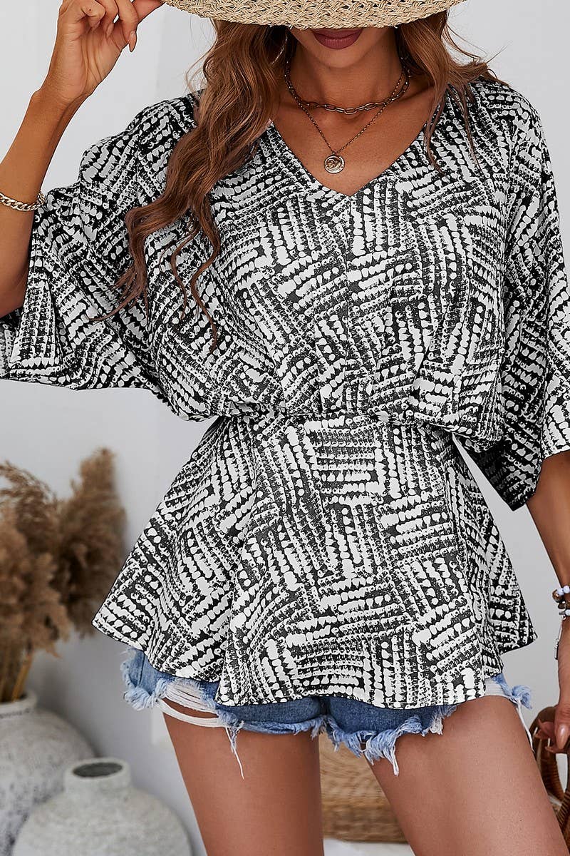 CWTBLS0354_V Neck Print Short Sleeve Blouse