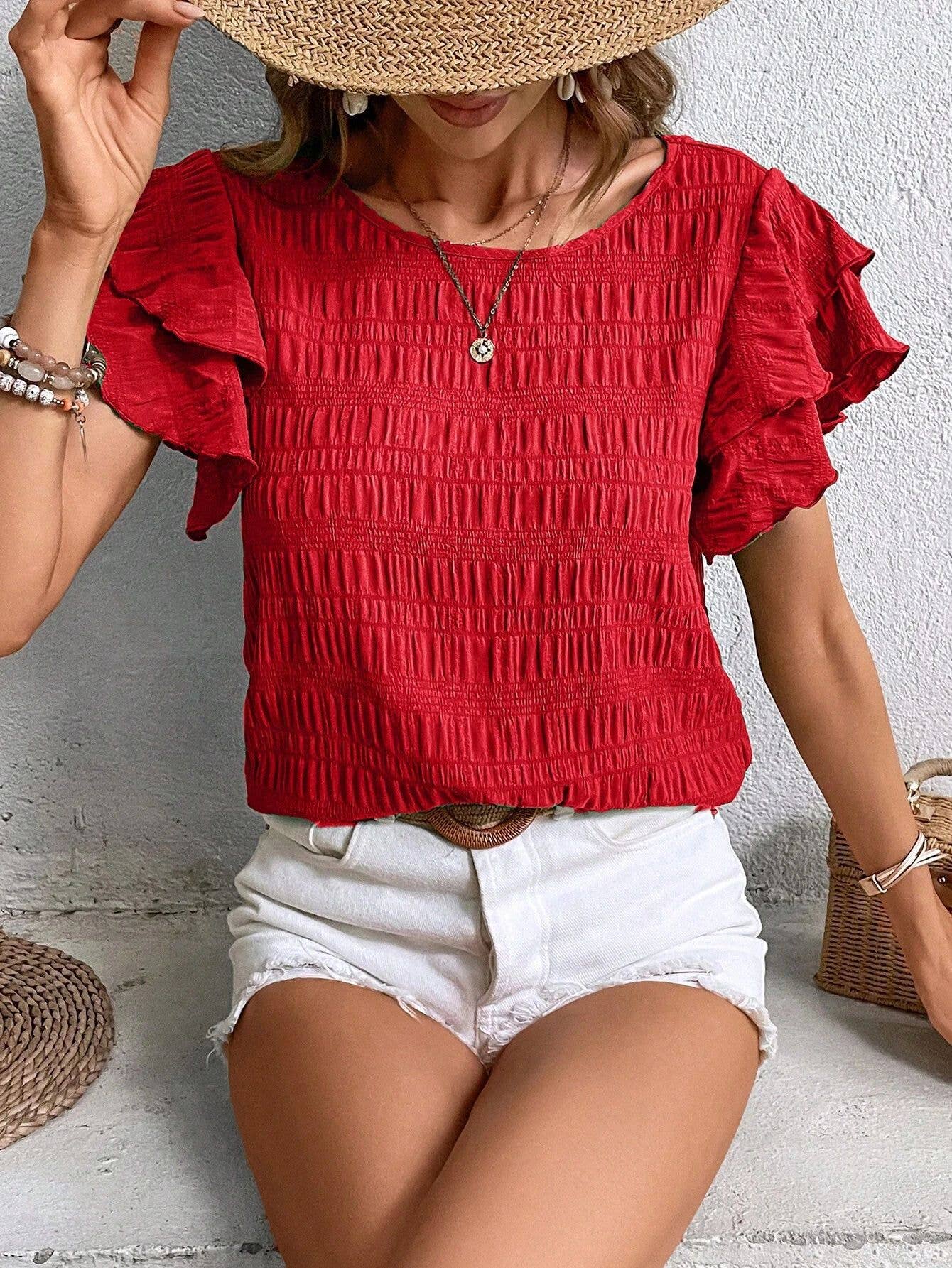 Double ruffled sleeve crew neck blouse