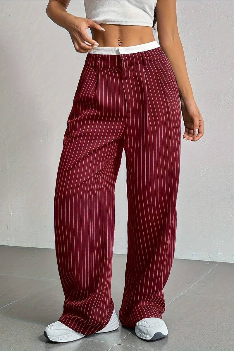 CWBLP1116_HIGH-WAISTED STRIPED LOOSE STRAIGHT-LEG TROUSERS