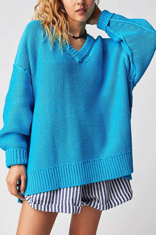 CWOSWL5839_STYLISH V-NECK LONG-SLEEVED PULLOVER SWEATER
