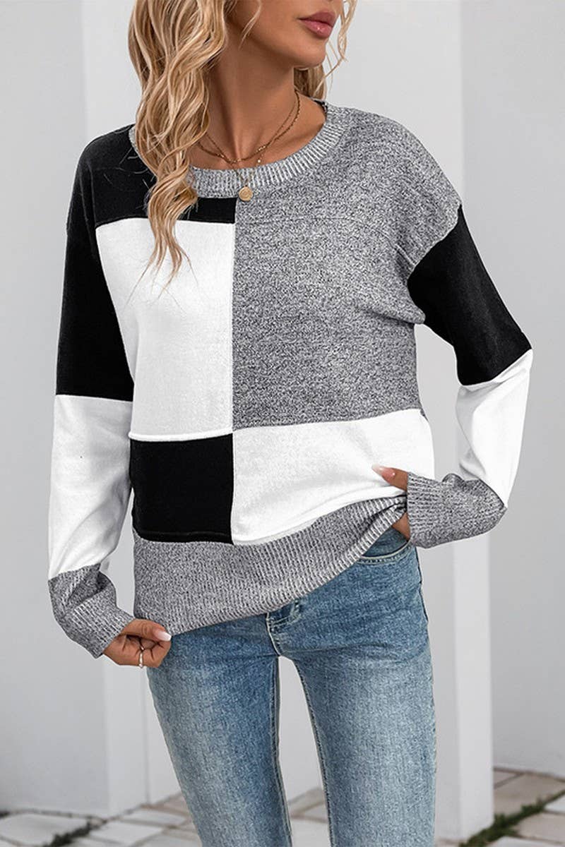 CWOSWL6901_LOOSE FIT COLORBLOCK CHECKERED KNIT SWEATER
