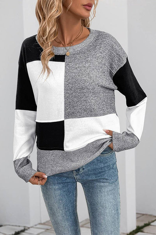 CWOSWL6901_LOOSE FIT COLORBLOCK CHECKERED KNIT SWEATER