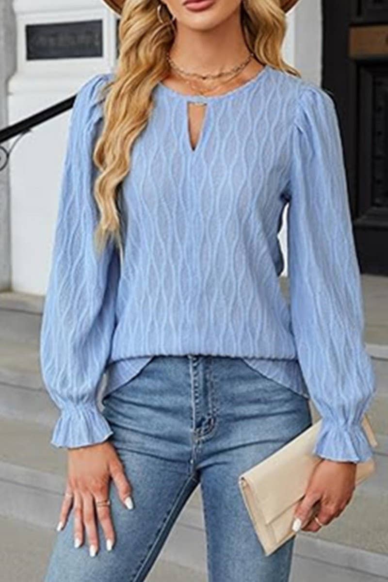 CWTBLL3615_SOLID COLOR JACQUARD ROUND NECK LONG SLEEVE TOP