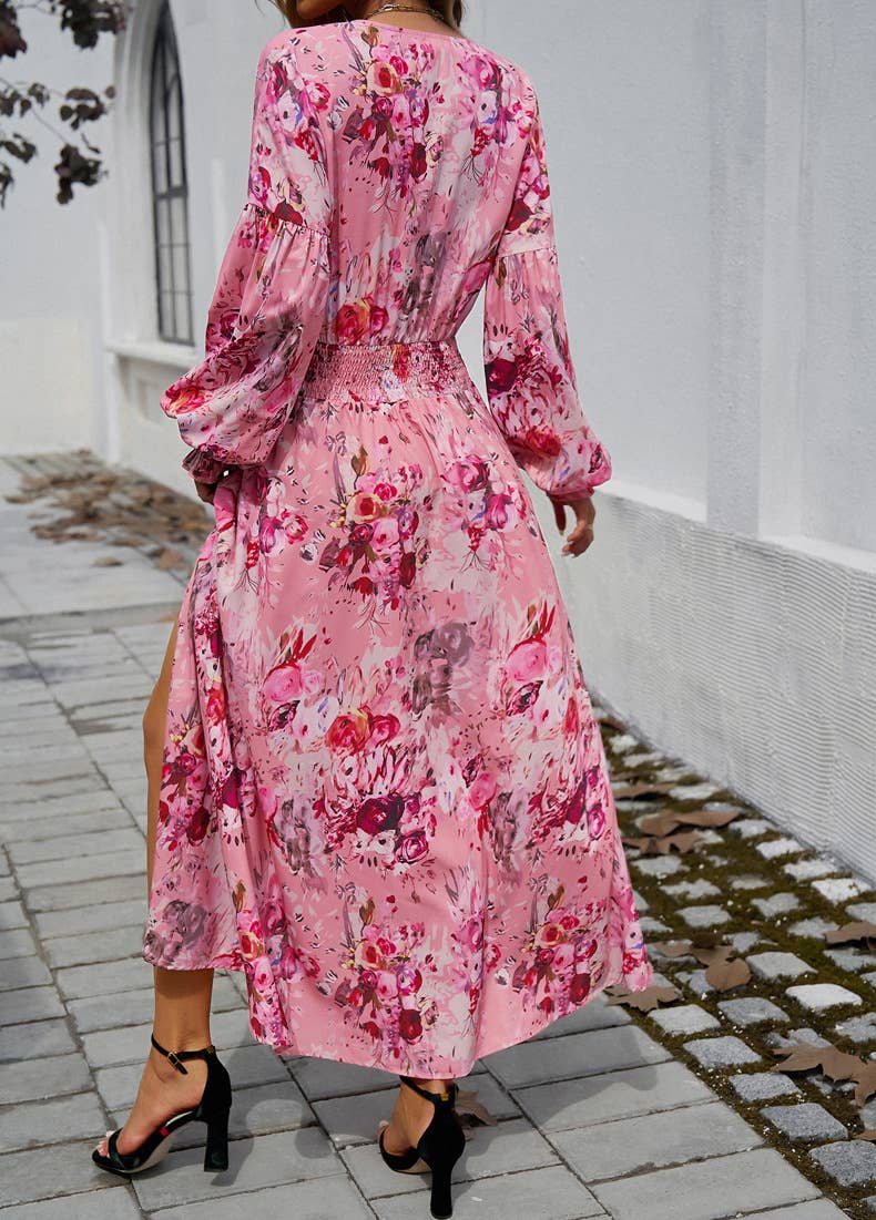 ELEGANT V-NECK HIGH-WAISTED PRINTED DRESS