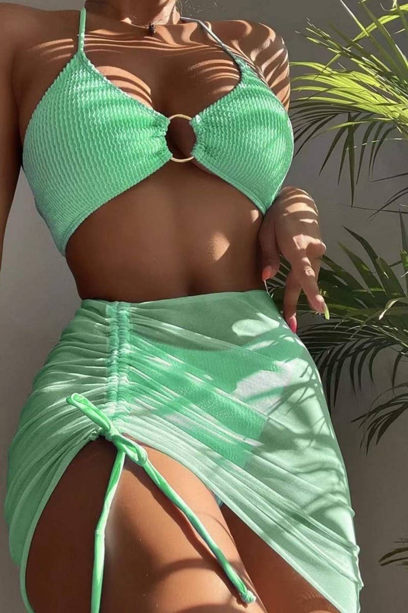CWMW0888_SOLID COLOR HALTER NECK TWO-PIECE BIKINI SWIMSUIT