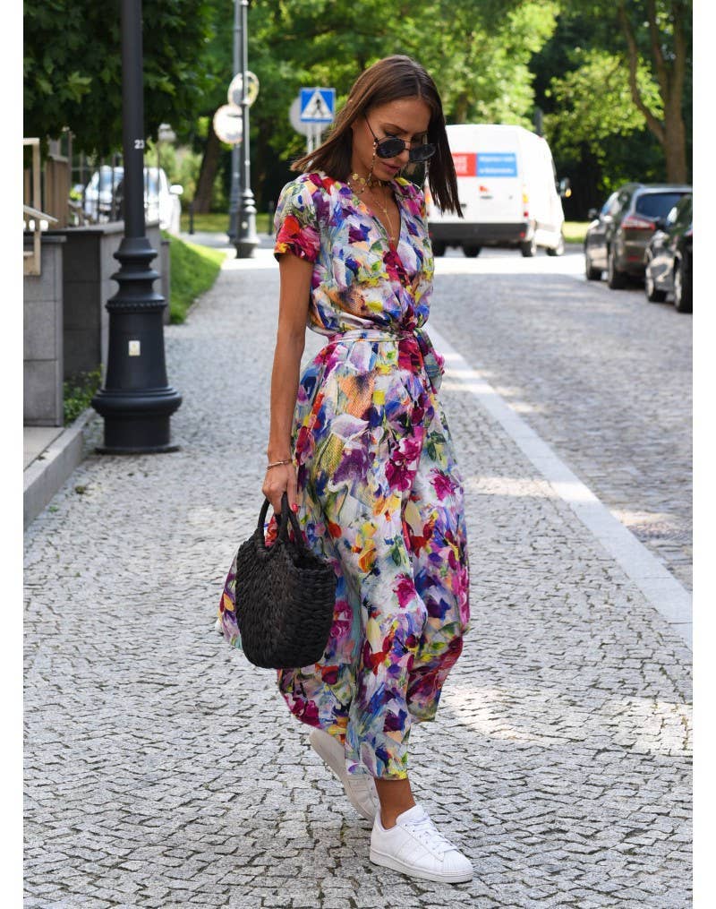 Abstract print V-neck lace-up long slit dress