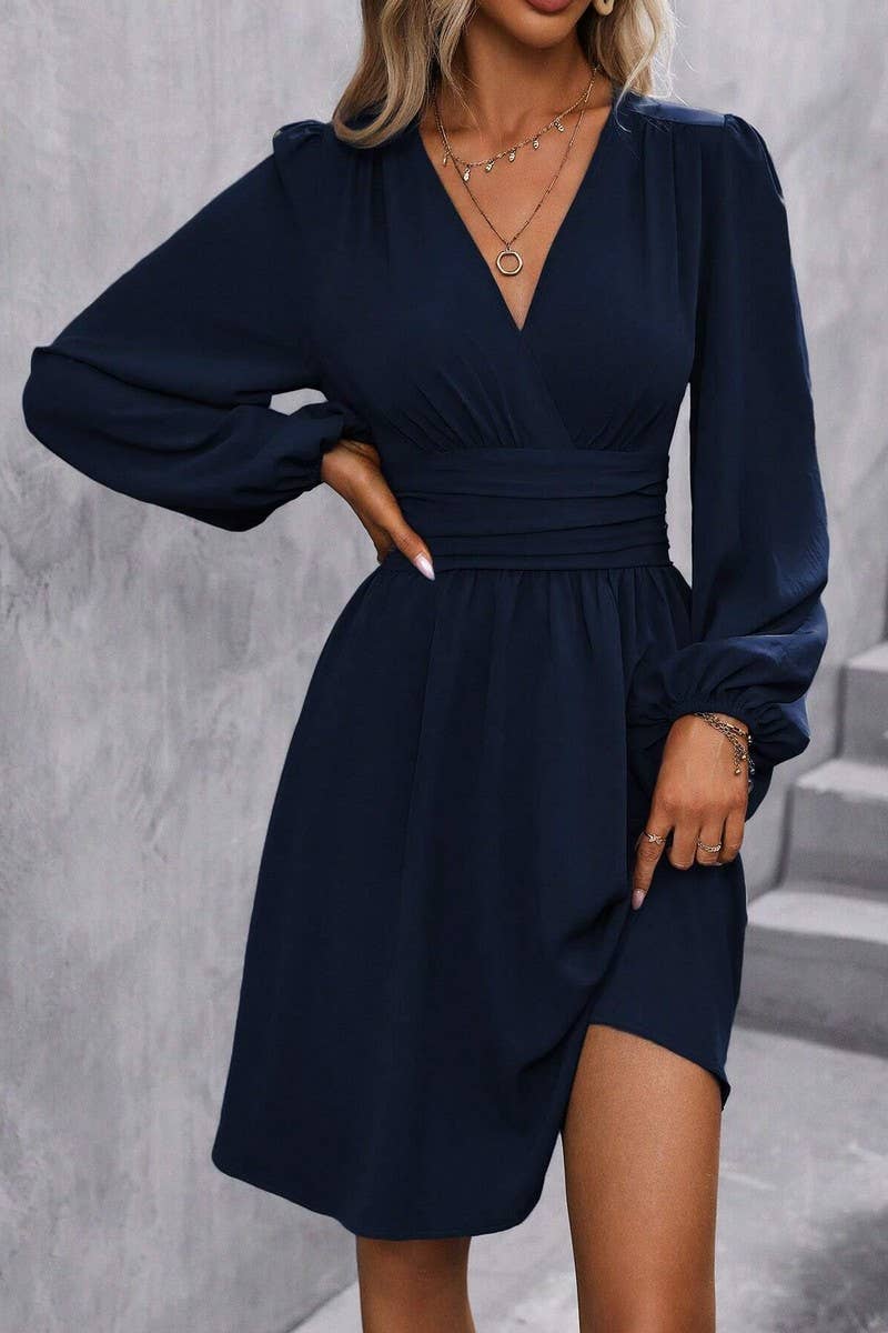 CWDSD8399_V NECK LANTERN SLEEVE RUCHED WAIST DRESS