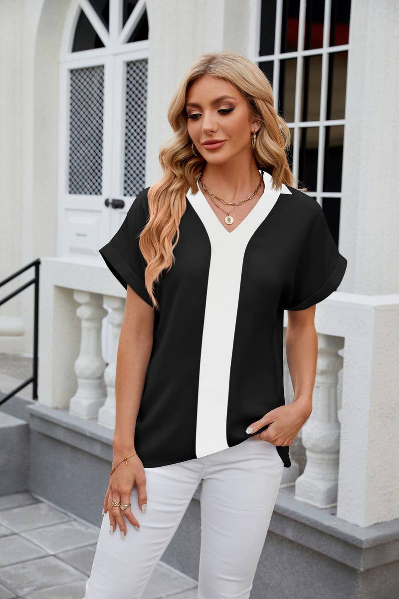 CWTBLS0440_V-Neck Short Sleeve Blouse