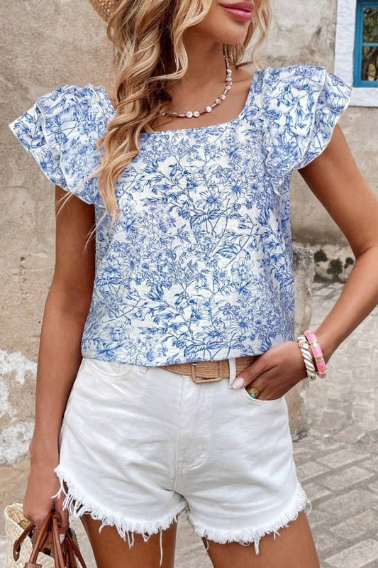 CWTBLS2268_PRINTED BOW BACK LAYERED RUFFLE SLEEVE SHIRT