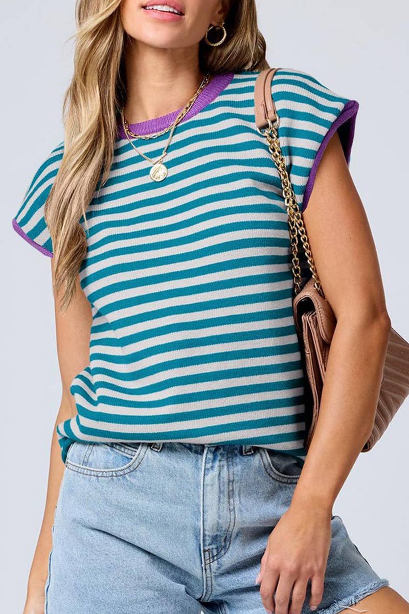 CWTTS1361_SUMMER CREW NECK CASUAL STRIPED KNITTED TOP