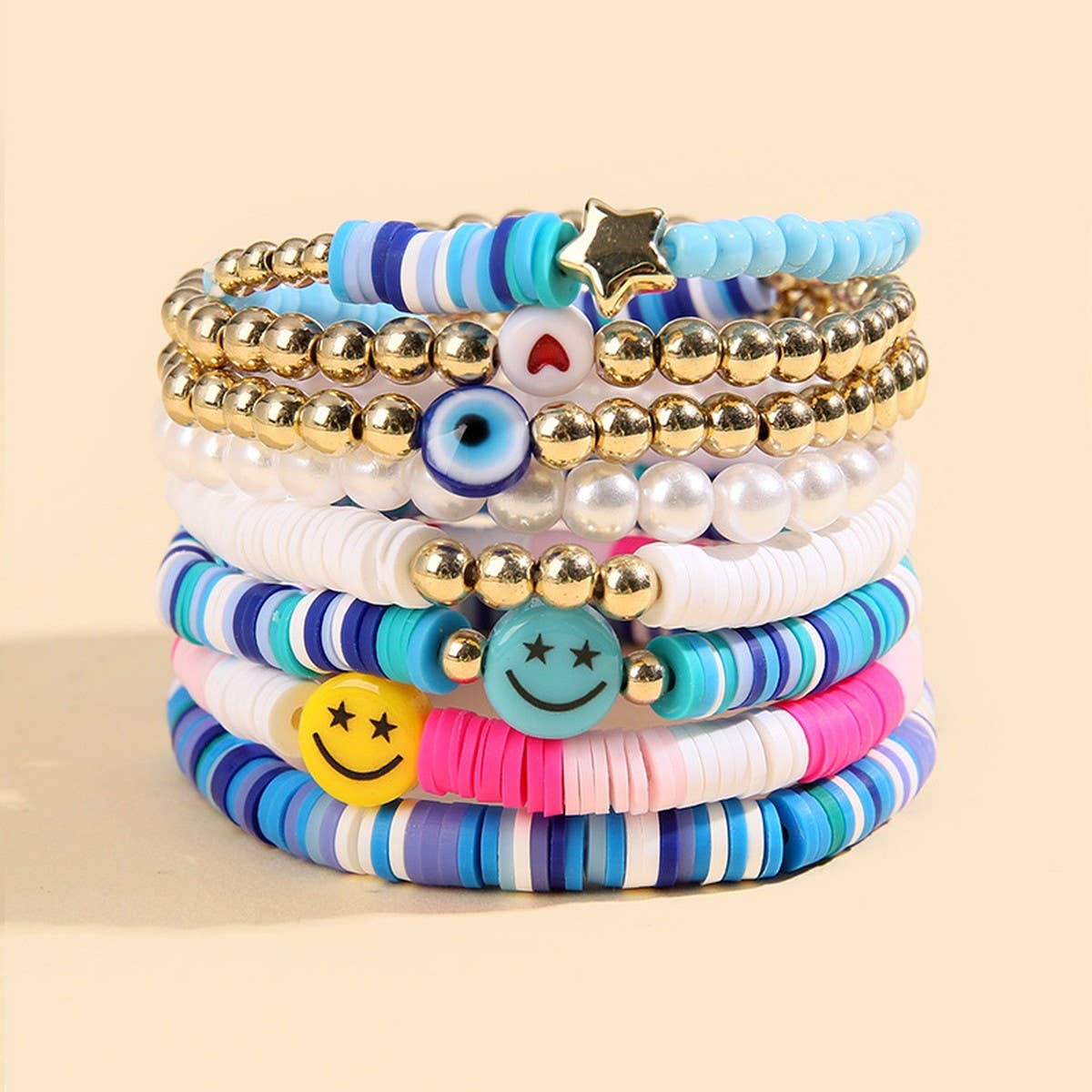 POLYMER CLAY HEART SMILEY FACE BRACELET SET_CWMM3515