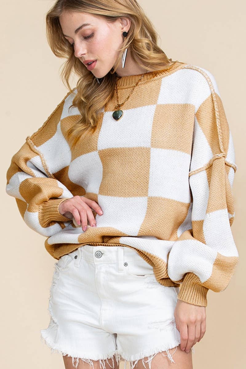 CWOSWL6673_PLAID COLOR CONTRAST LONG-SLEEVED SWEATER