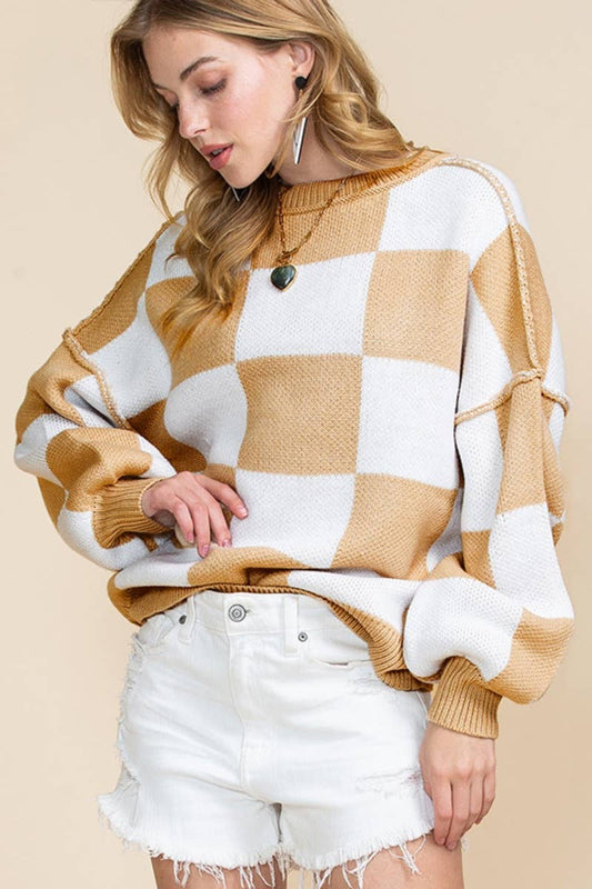 CWOSWL6673_PLAID COLOR CONTRAST LONG-SLEEVED SWEATER