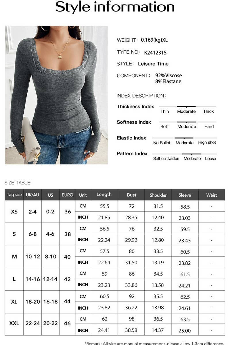 CWTTL2027_SOLID COLOR RIBBED U-NECK LACE LONG-SLEEVED T-SHIR