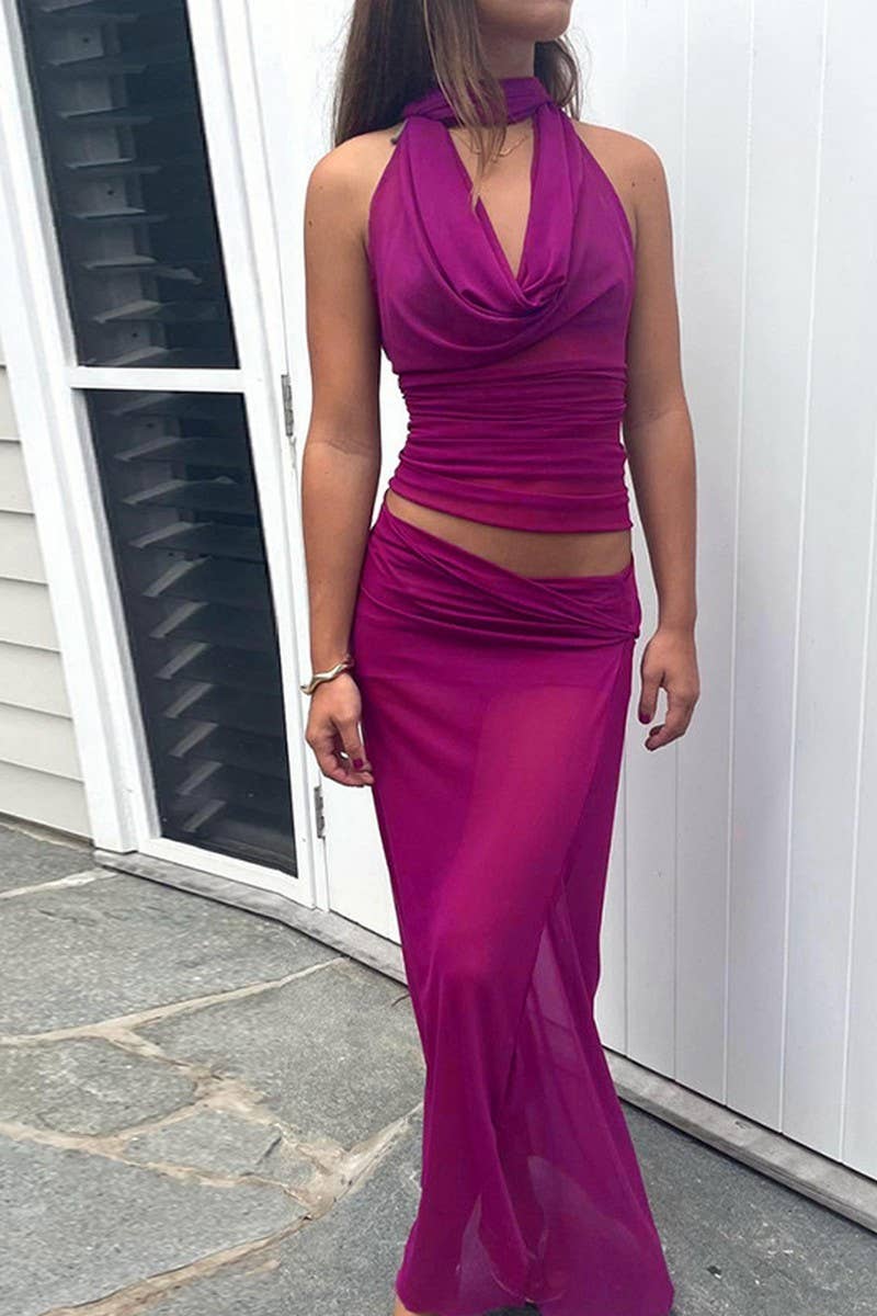 CWSS1111_ELEGANT HALTER MESH TOP AND SKIRT SET