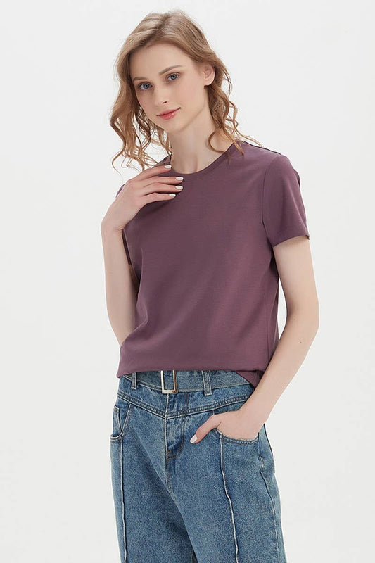 CWTTS1037_SOLID COLOR CASUAL ROUND NECK WOMEN T-SHIRT