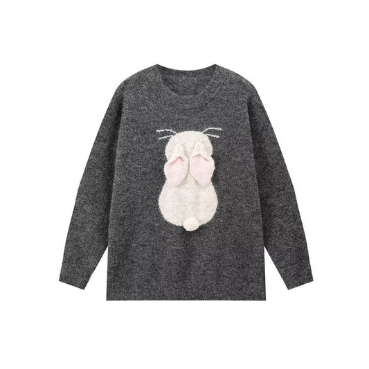 Bunny jacquard 3d ear temperament knit pullover