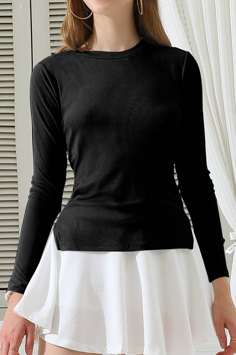 CWTTL1104_LONG SLEEVE CREW NECK LACE-UP STRING SHIRRING TOP