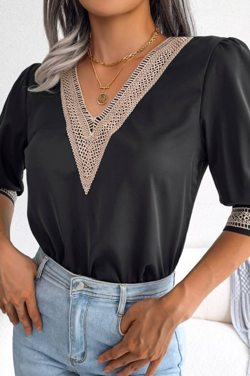 CWTBLS1064_SUMMER LACE V-NECK MID-SLEEVED CHIFFON TOP