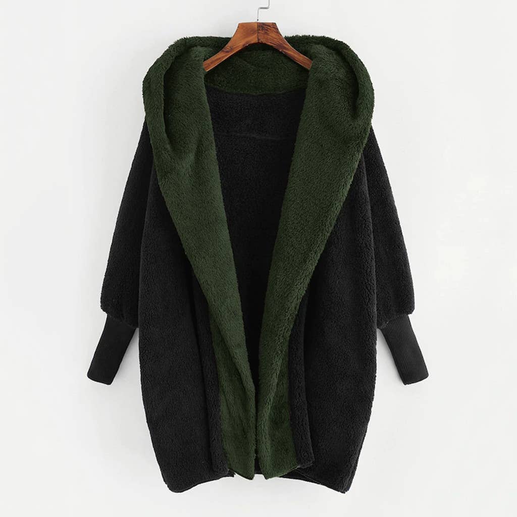Color matching fleece hooded loose cardigan coat