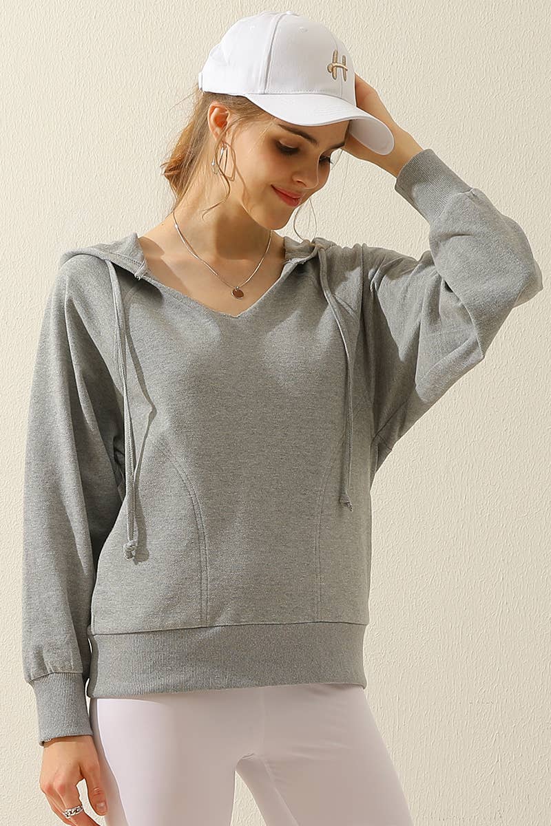 CWOHOL446_V NECK COTTON HOOIDE SWEATSHIRT CASUAL TOP