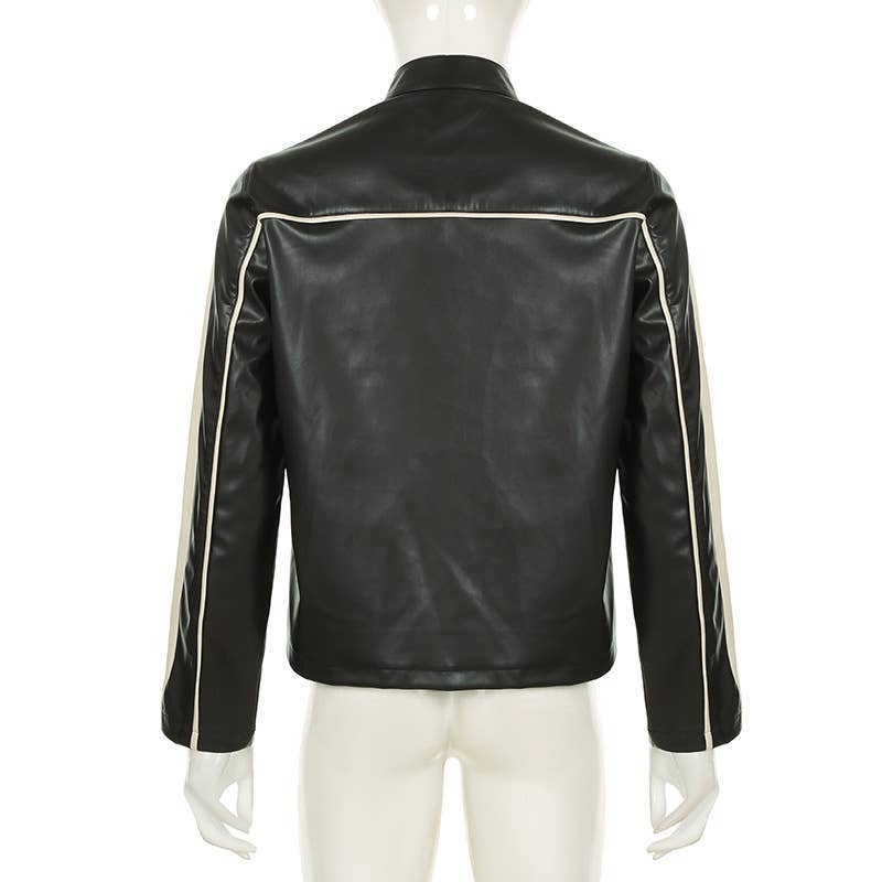 BIKER STYLE BLACK WHITE PATCHWORK LEATHER  JACKET