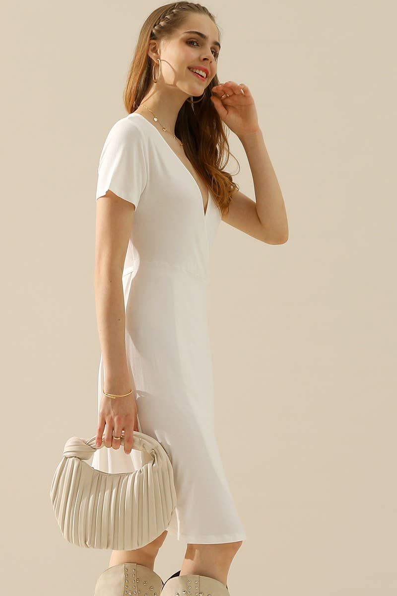 CWDSD10372_V NECK CASUALSHORT SLEEVE WRAP DRESSES
