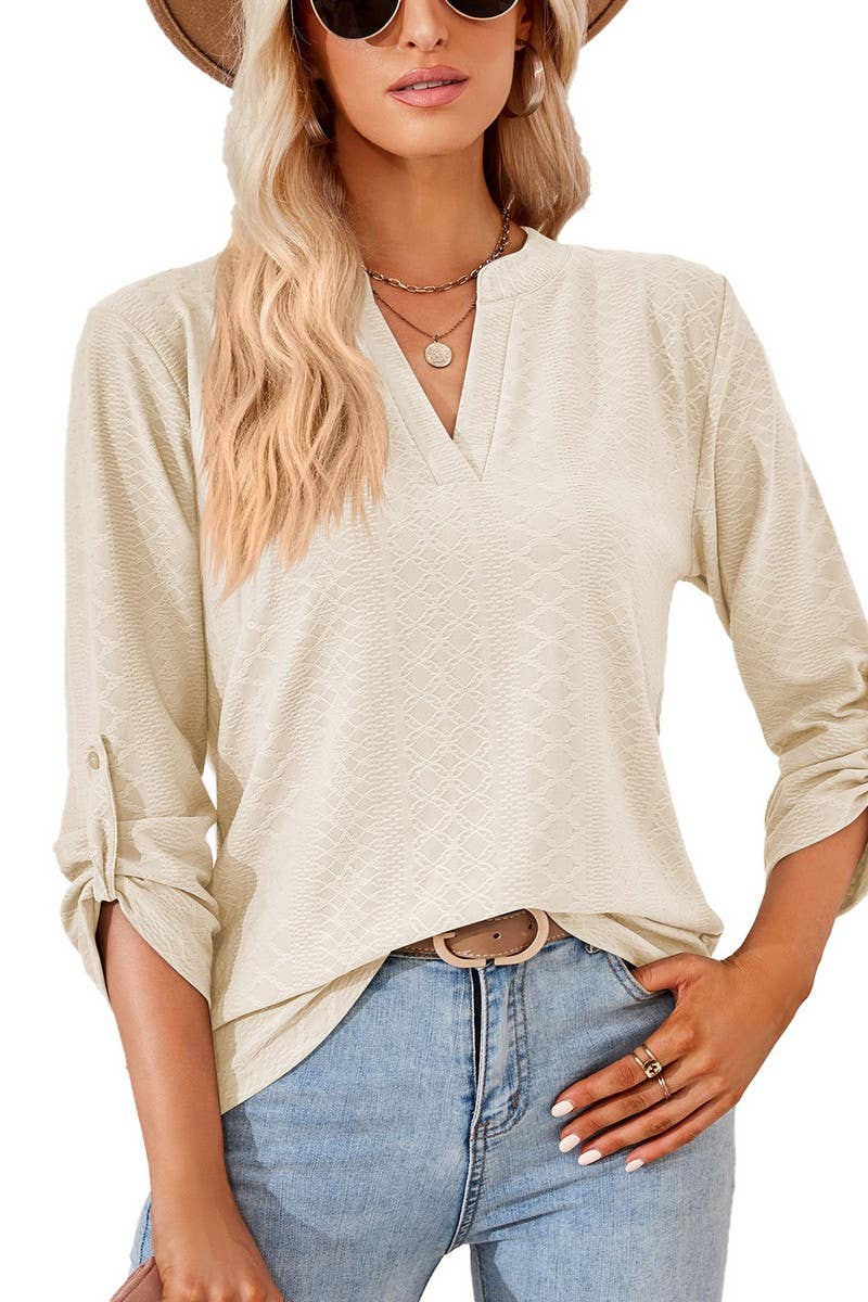 CWTBLL2375_SOLID COLOR V-NECK THREE-QUARTER SLEEVE TOP