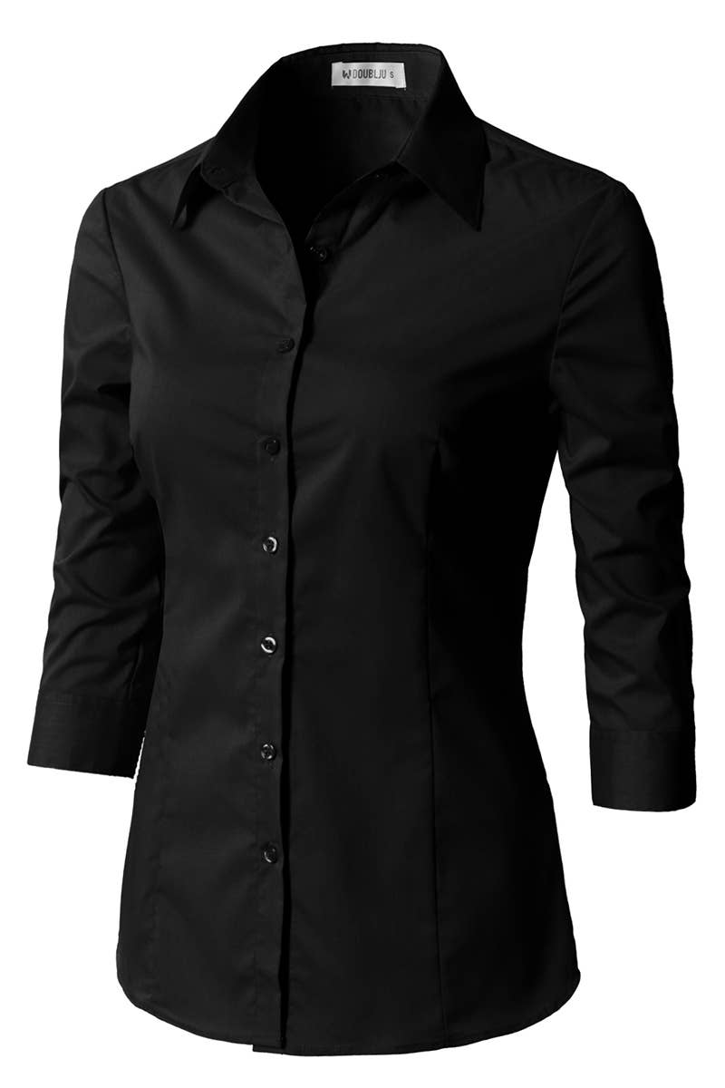 CWTSTS116_Basic Slim Fit Simple 3/4 Sleeve Button Down Shirt