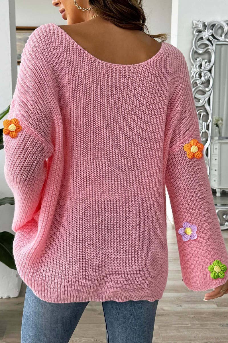 CWTTK00288_WOMEN OFF SHOULDER CROCHET FLOWER KNIT SWEATER