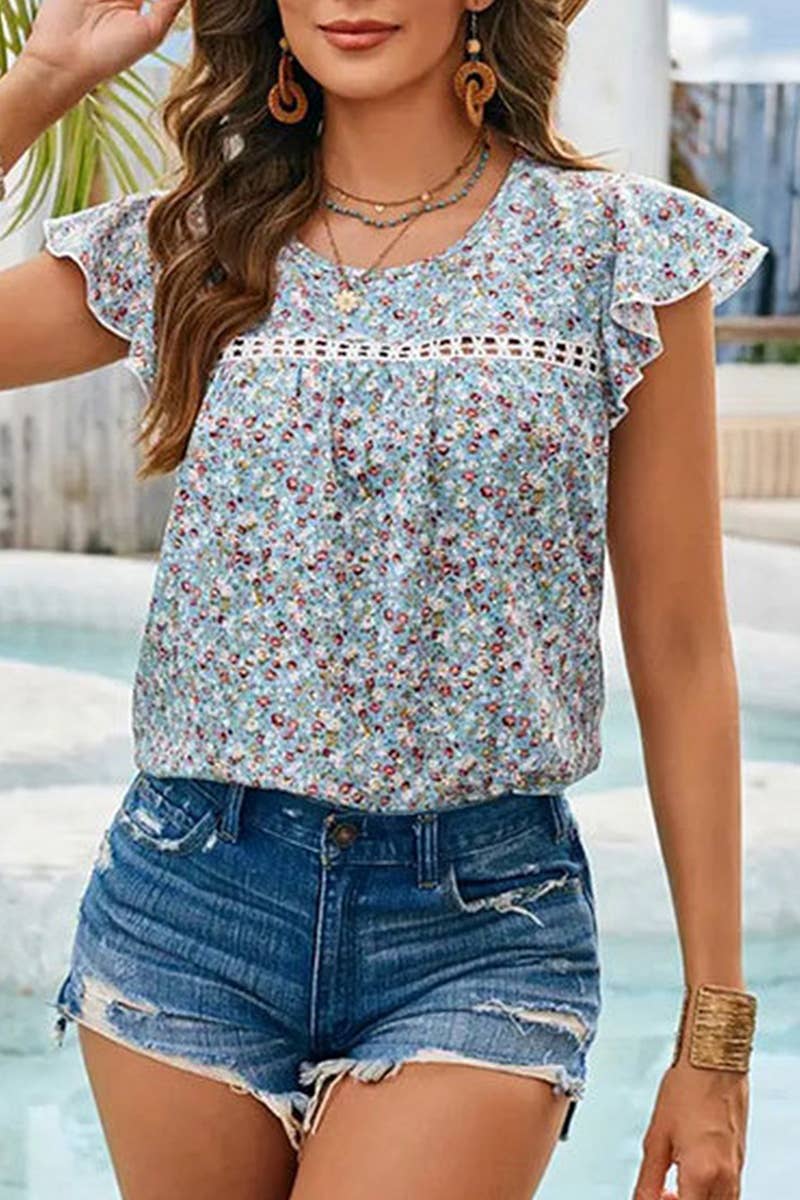 CWTTSL0345_SUMMER FLORAL LACE RUFFLE SLEEVE TOP