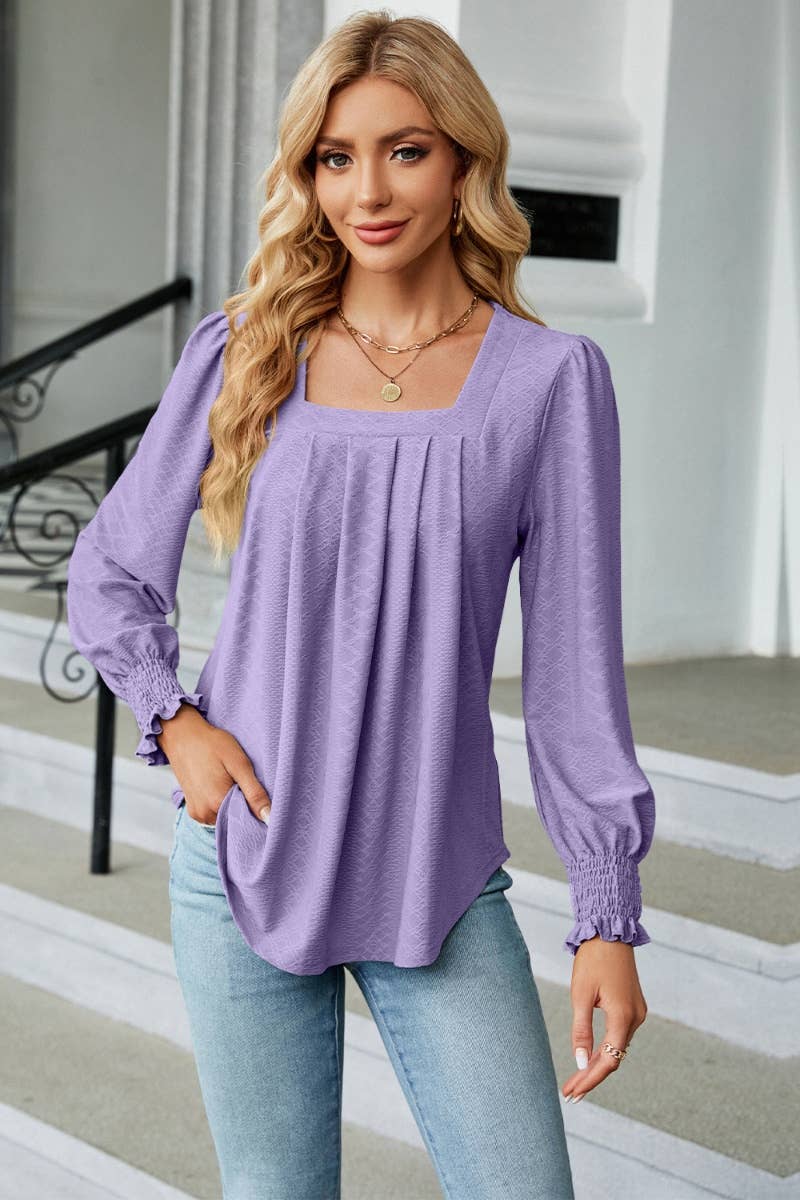 CWTBLL2936_SQUARE NECK JACQUARD PLEATED LONG-SLEEVED TOP