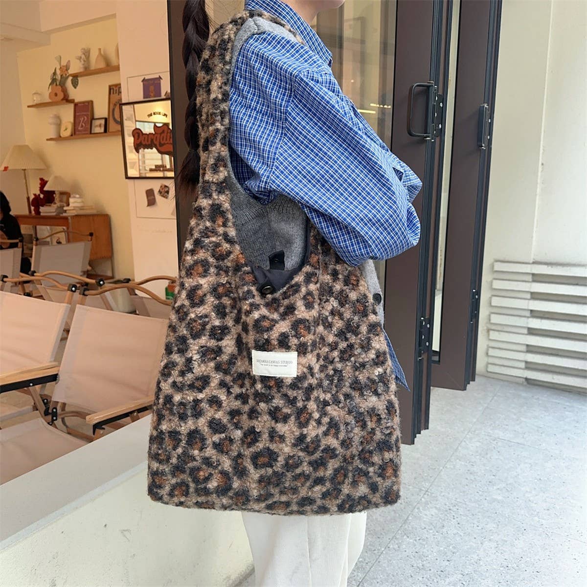 CWAB3900_PLUSH LARGE CAPACITY LEOPARD PRINT SHOULDER BAG