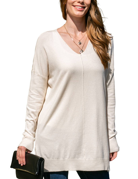 CWOSWL1826_V NECK LOOSE FIT TUNIC LENGTH SOFT SWEATER TOP