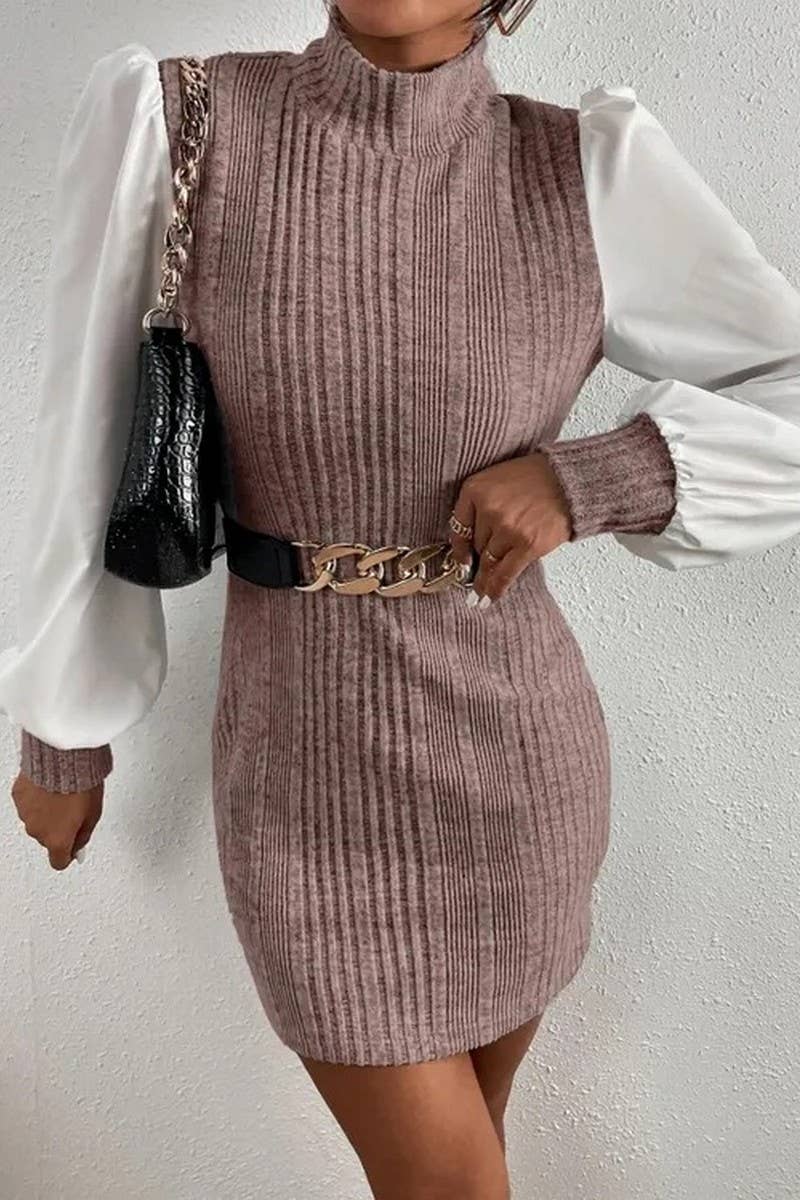 Beltless dress with high neck and long sleeves