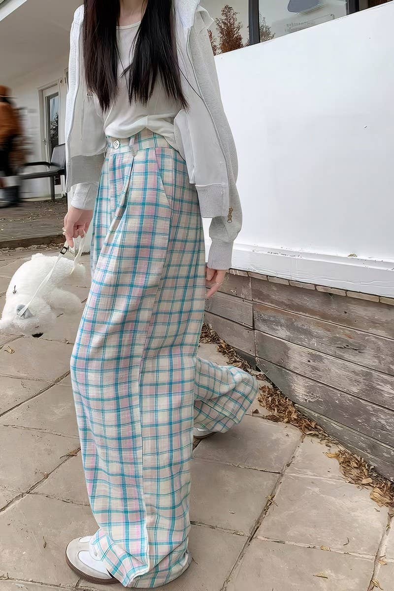 CWBLP2081_PLAID HIGH WAIST LOOSE DOPAMINE LOUNGE PANTS