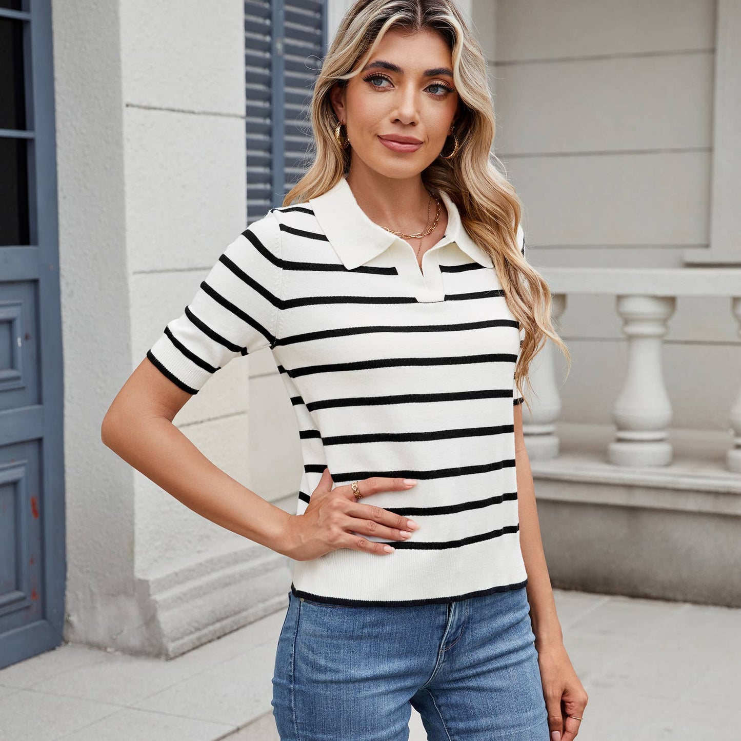 CASUAL COLOR STRIPED SWEATER WITH LAPEL NECK