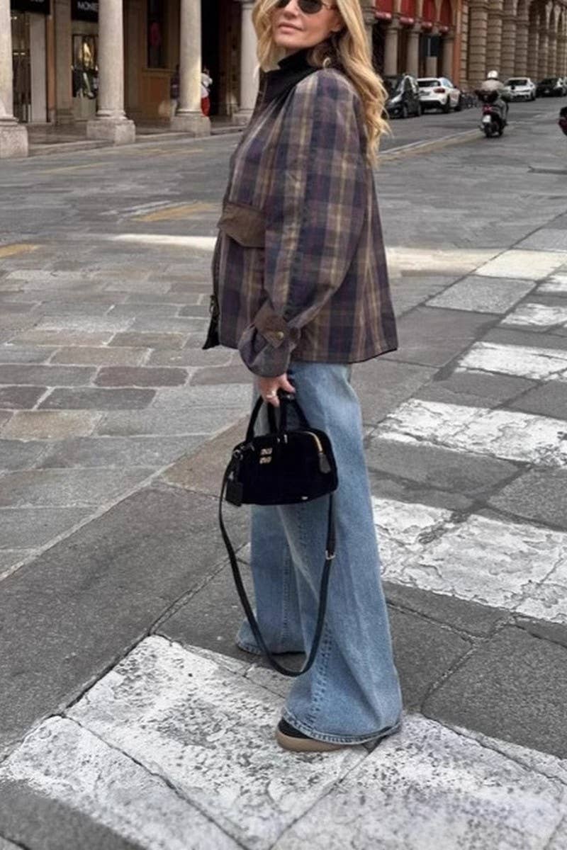 CWOCO0970_VINTAGE PLAID FUR COLLAR QUILTED ZIP-UP JACKET