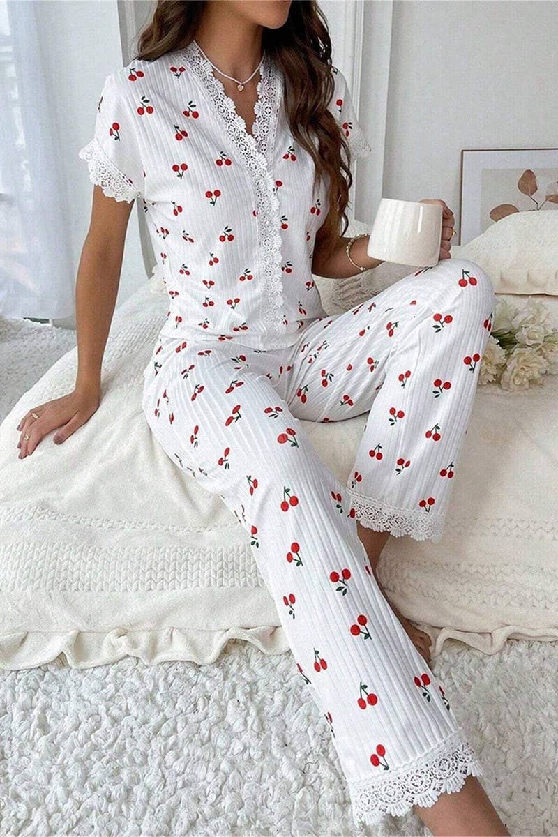 CWSPJ00468_CHERRY PRINT LACE TRIM SHORT SLEEVE PAJAMA SET