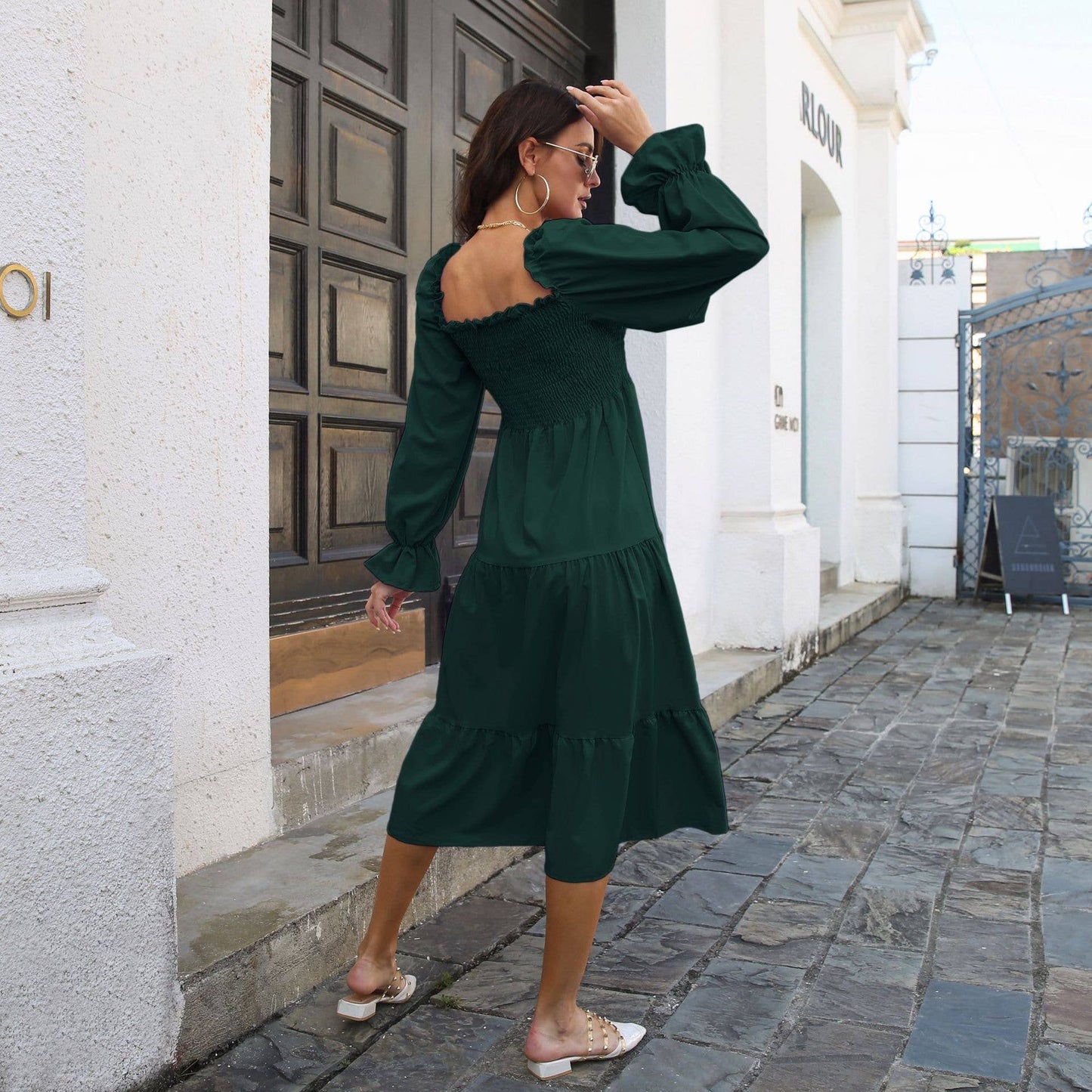 CABLE FLOUNCES SQUARE NECKLINE TIERED SWING DRESS