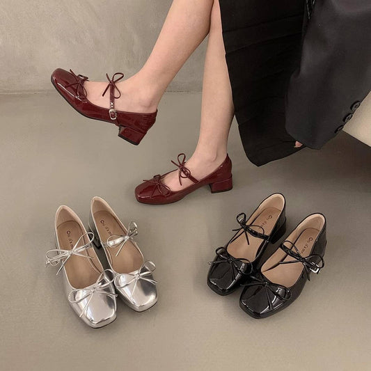 Red Bow Mary Jane Pumps with Chunky Heel_CWSHF0077
