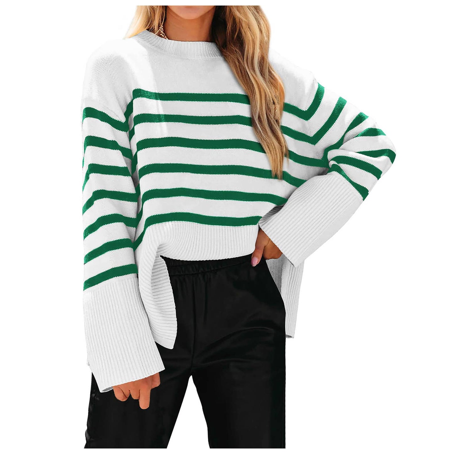 Crew-neck loose striped sweater with fat sleeves