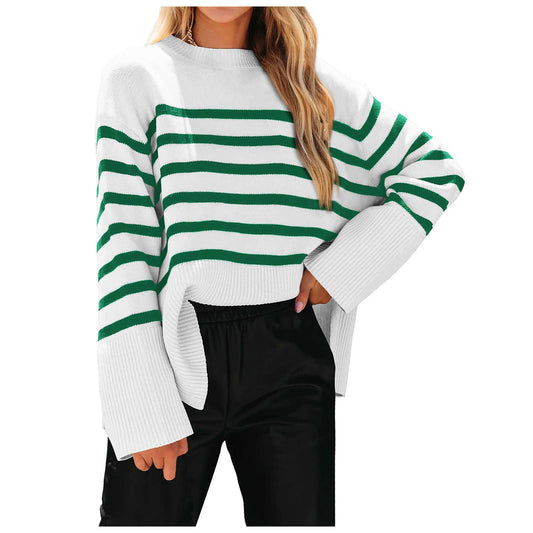 Crew-neck loose striped sweater with fat sleeves
