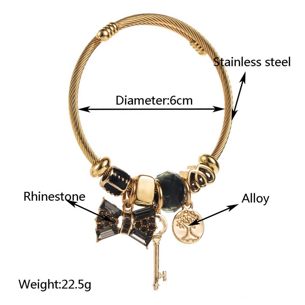 Gold Crystal Bow Charm Bracelet for Women