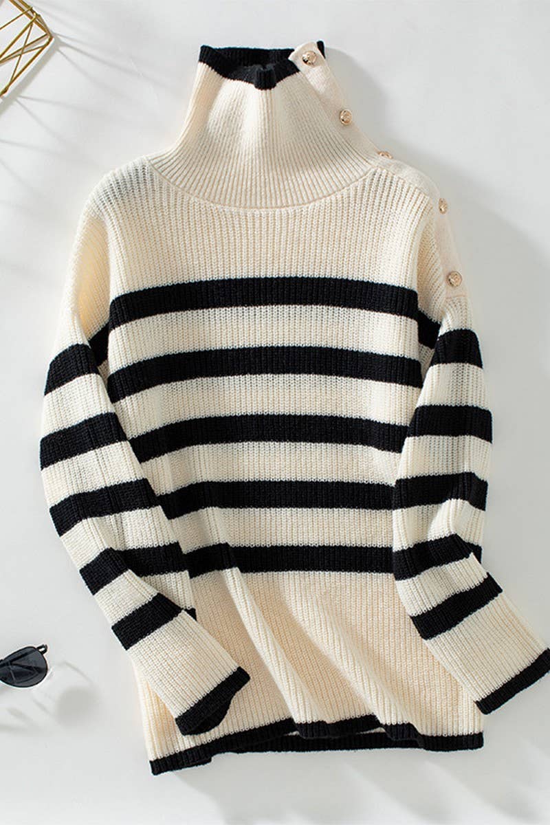 CWOSWL2828_STRIPED LAPEL BUTTON PULLOVER KNIT TOP