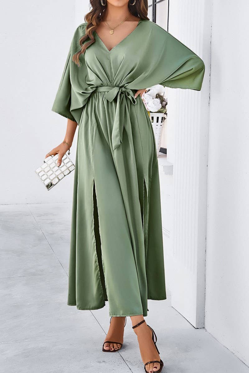 CWDMD1334_V-Neck 3/4 Sleeve With Belt Maxi Dresses