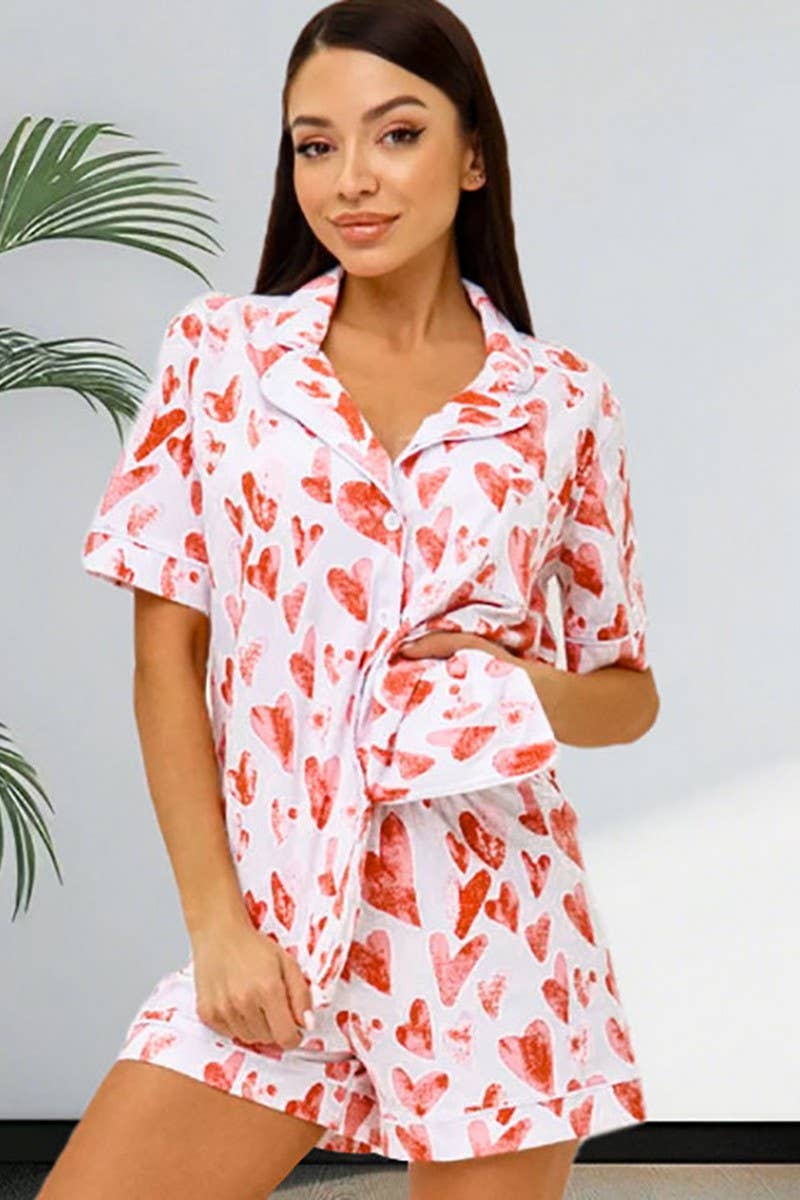 CWSPJ0388_HEART PRINT SHORT SLEEVE SHORTS HOMEWEAR SET