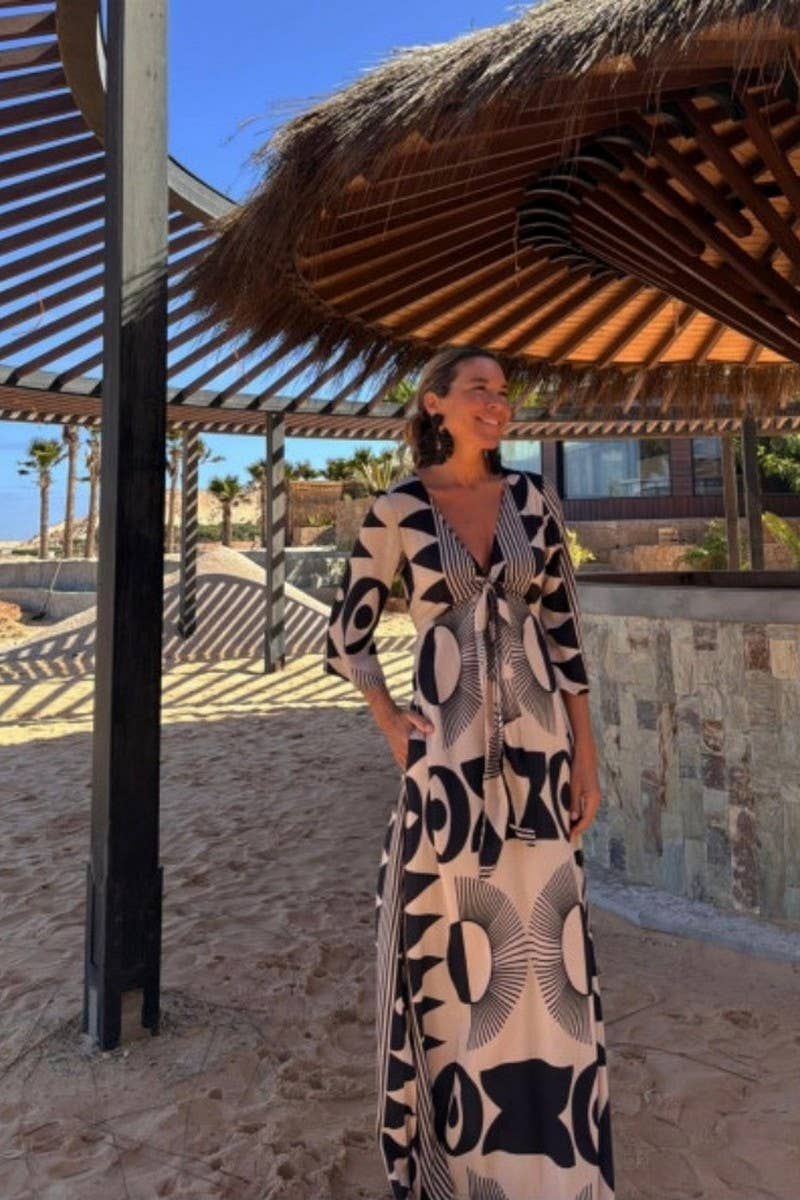 CWDMD945_V-NECK PRINTED LACE-UP LOOSE MID-SLEEVE DRESS