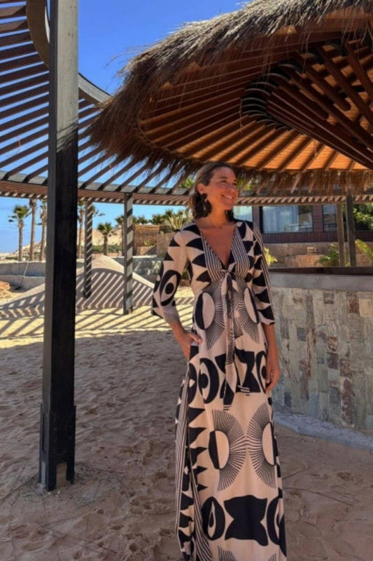 CWDMD945_V-NECK PRINTED LACE-UP LOOSE MID-SLEEVE DRESS