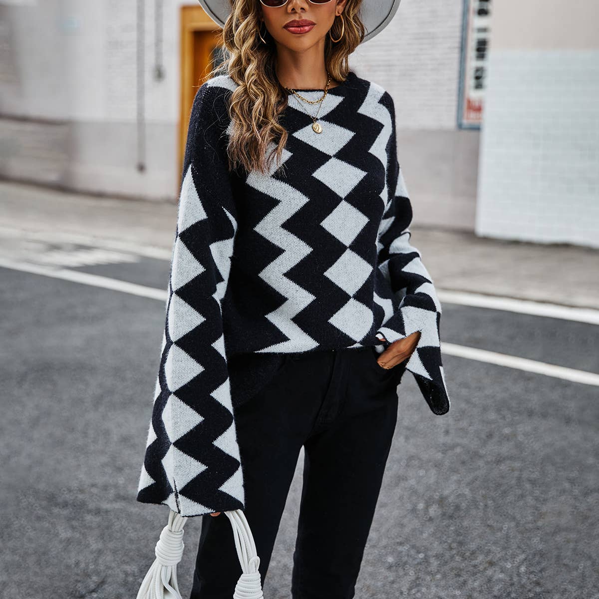 DIAMOND CHECK PATCHWORK KNIT SWEATER